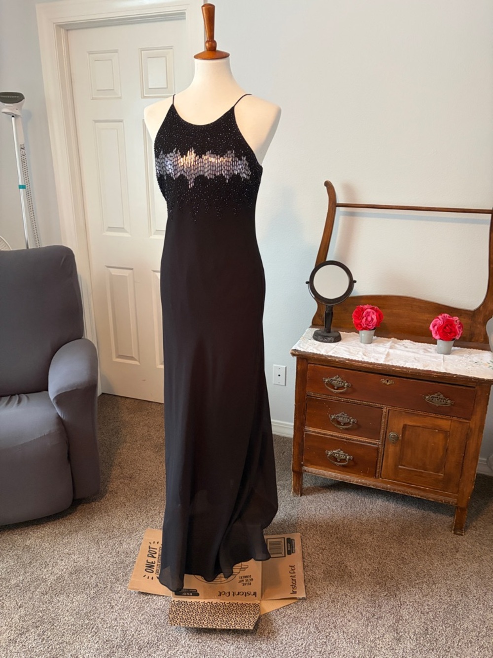 Cachet Black matte Evening floor length dress with black & silver accents